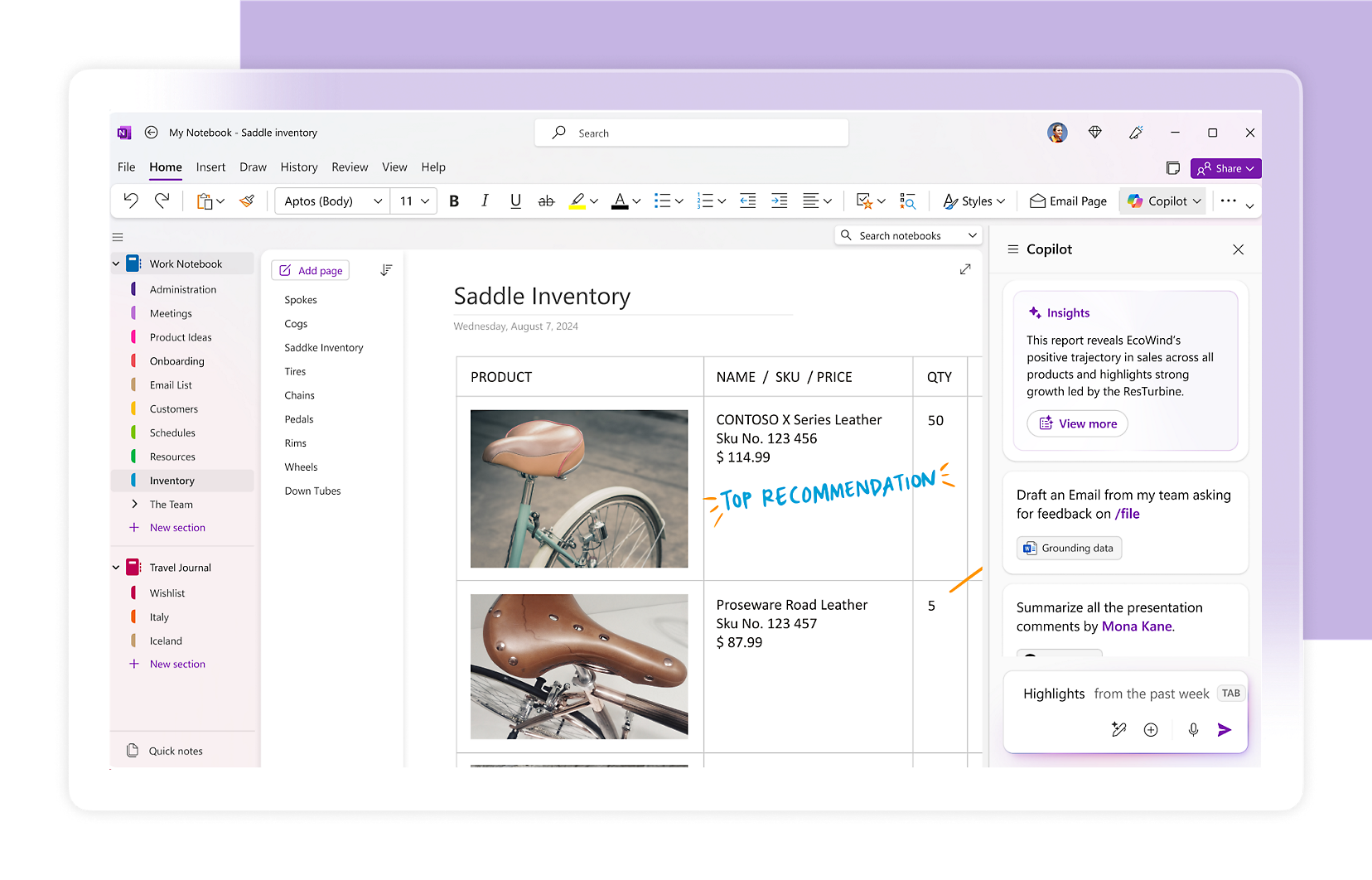 Панель Copilot в Microsoft OneNote рядом со страницей заметок